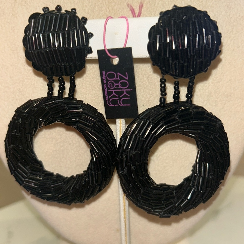 Vintage Jet Black Bead Elegant Hoop Earrings-Boutique